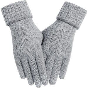 Women's Knit Lined Winter Warm Light Gray Touch Screen Elastic Stylish Gloves